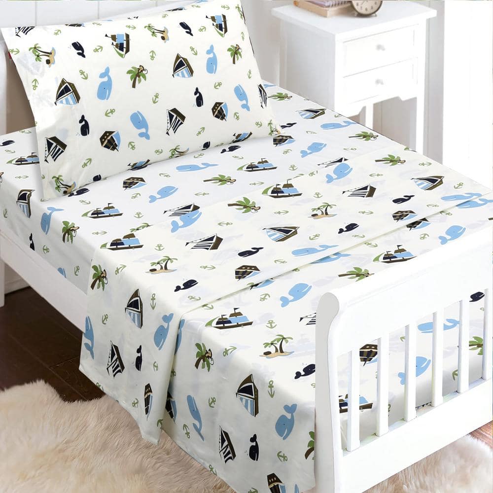 Ocean Blue Whale Ships Sail Monkey Island 3-Piece White Cotton Toddler Sheet Set price history on PriceWatchPro