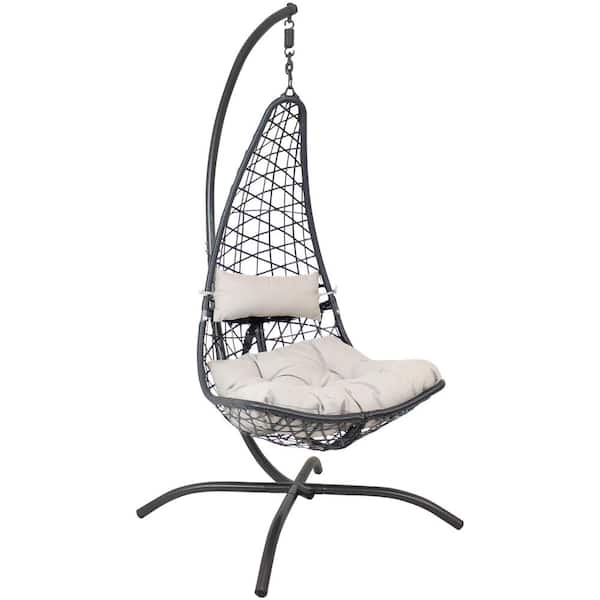 Sunnydaze Decor Gray Phoebe Hanging Lounge Egg Chair with Seat Cushions and Steel Stand