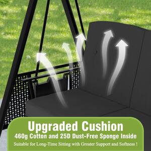 3-Person Metal Patio Swing Chair With Converting Canopy Porch Swing With Detachable Cushion and Side Trays, Dark
