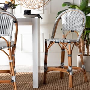 Genica 27.1 in. Navy Blue and White Weaving Rattan Bar Stool