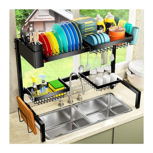 Black Metal Over The Sink Dish Drying Rack Extendable Large Capacity Adjustable Space Saving for Most Sinks