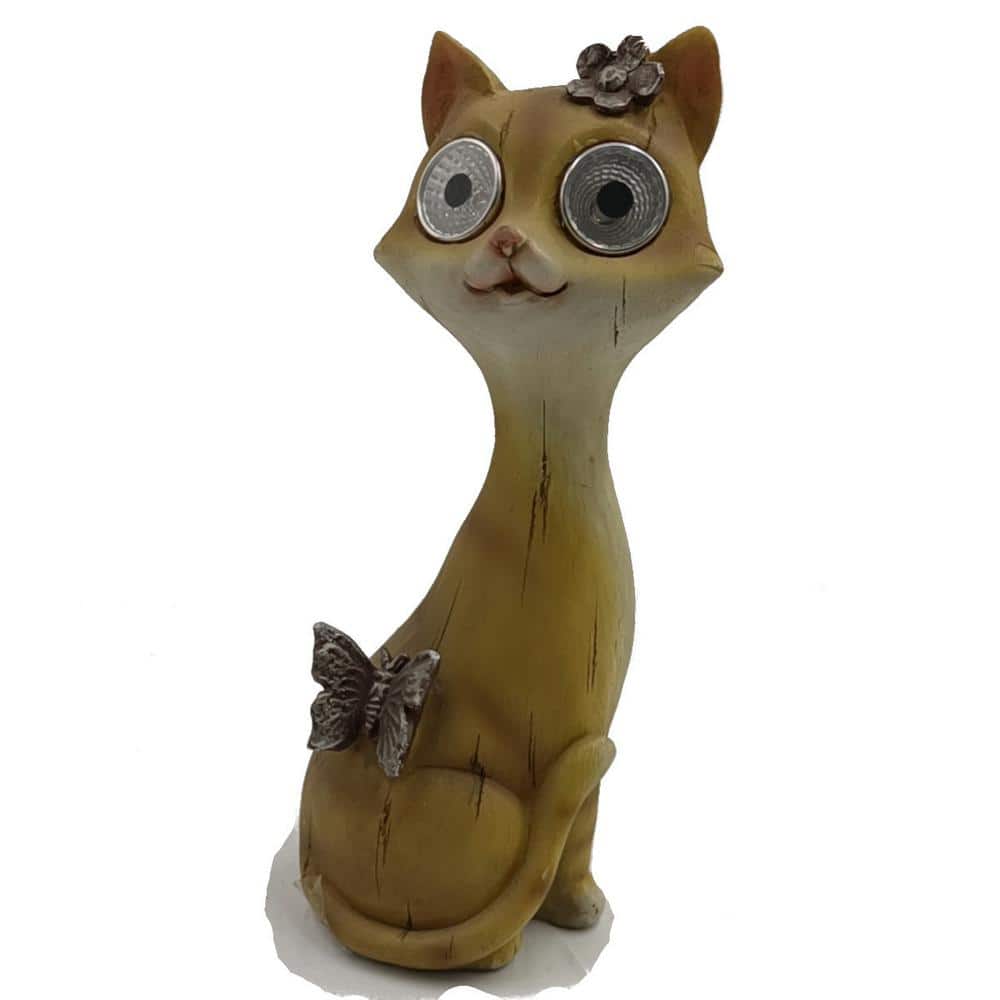 Solar 9 in. Preppy Cat Statue with Light Up Eyes in Latte Brown