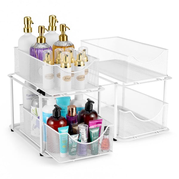 2-Tier Metal White Under Sink Bathroom and Kitchen Organizers and Storage, 2 Pack Sliding Drawers