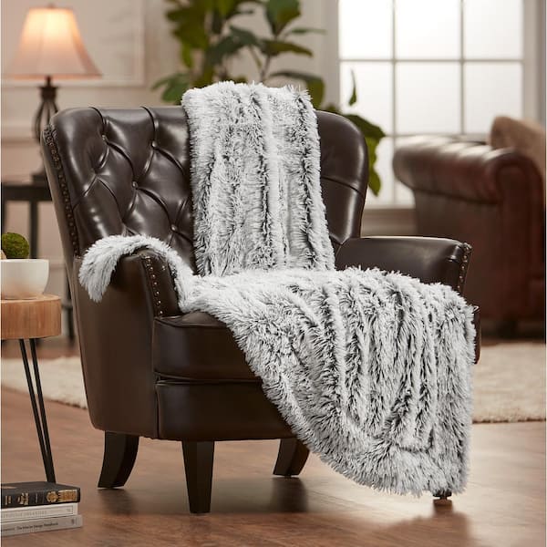 Wolf Frost Tip Gray Two Color Polyester Faux Long Fur Throw Blanket - 50 in. x 65 in.