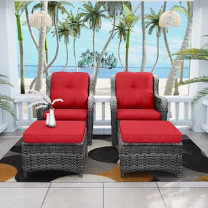 4-Piece Wicker Outdoor Patio Conversation Lounge Chair Set with Red Cushions and Ottomans