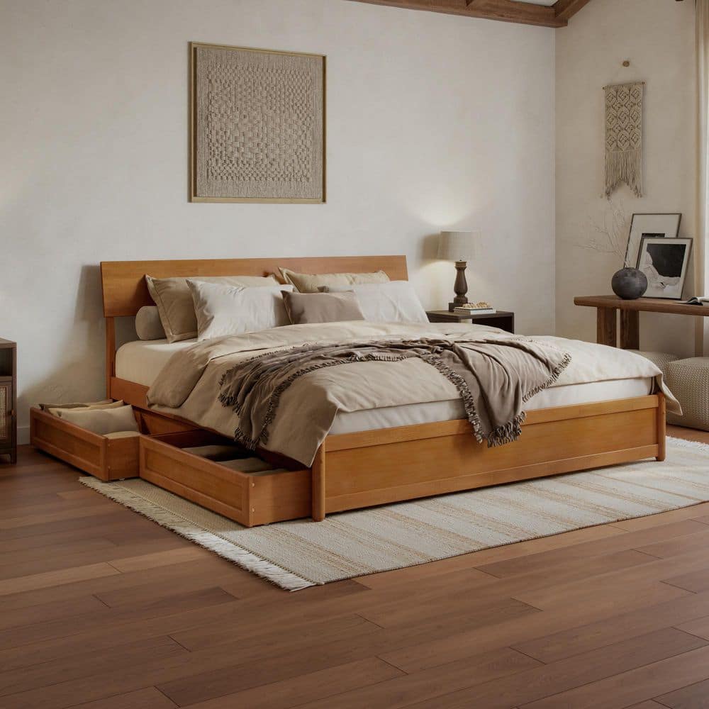 Norla Light Toffee Natural Bronze Wood Frame King Platform Bed with Footboard and Storage Drawers