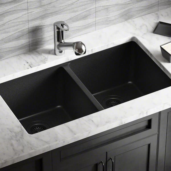 MR Direct Black Quartz Granite 33 in. Double Bowl Undermount Kitchen Sink with Matching Strainer and Flange