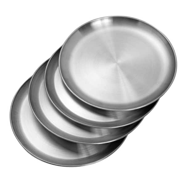 4Pcs 10 in. Silver Stainless Steel Dinner Plates, Reusable Unbreakable Lightweight Non-Toxin Dishwasher Safe BPA Free