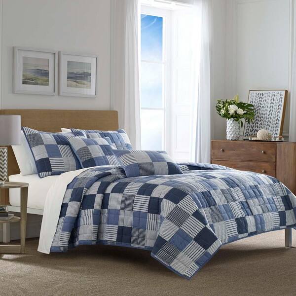 Navy Blue Plaid Cotton Twin Quilt Set, Navy Blue Twin Bedspread