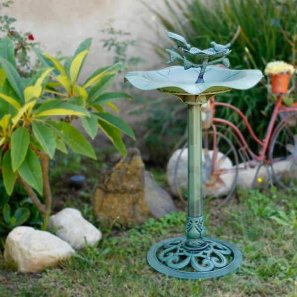 33 in. Tall Outdoor Lotus Birdbath Yard Statue, Green