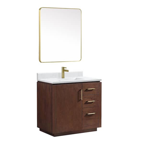 San 36 in.W x 22 in.D x 33.8 in.H Single Sink Bath Vanity in Natural Walnut with White Composite Stone Top and Mirror