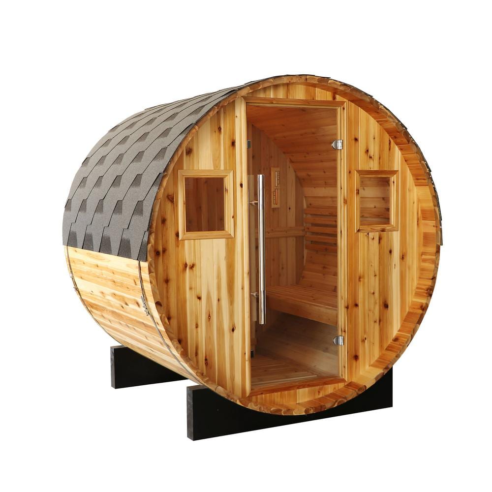 Aurora 2-4 Person Outdoor Cedar Traditional Barrel Sauna with 6kW Harvia Electric Heater and Shingled Roof