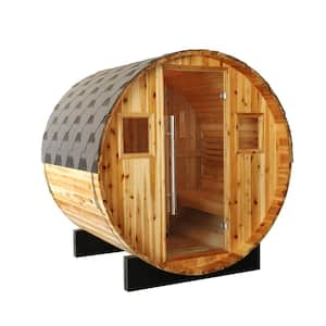 Aurora 2-4 Person Indoor or Outdoor Cedar Wet/Dry Barrel Sauna with 6 kW Harvia Electric Heater and Shingled Roof