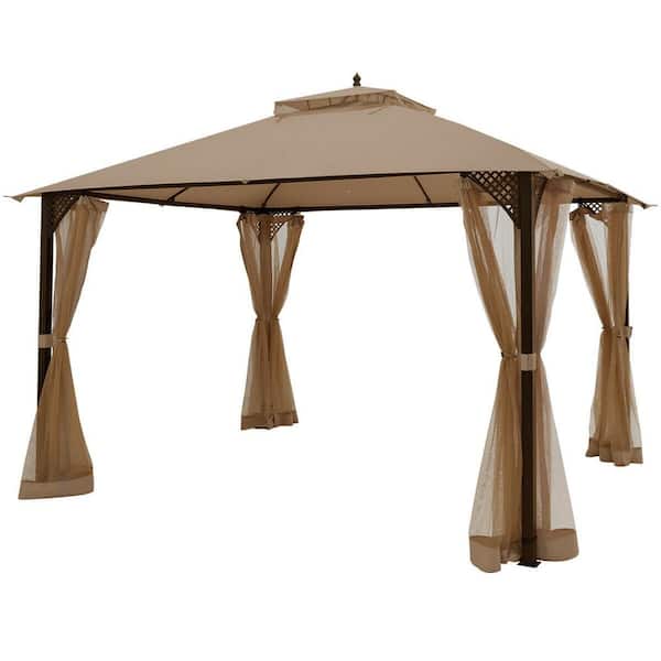 12 ft. x 10 ft. Brown Patio Gazebo Outdoor Canopy Shelter with Double Top and Netting