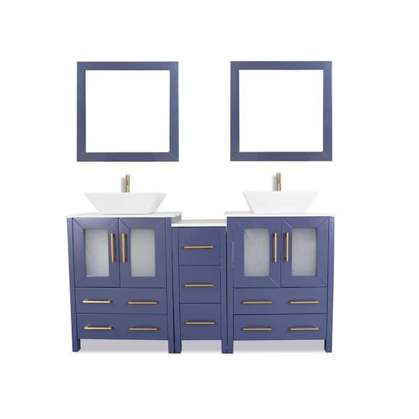 Vanity Art Ravenna 60 in. W Double Basin Bathroom Vanity in Blue with White Engineered Marble Top and Mirror