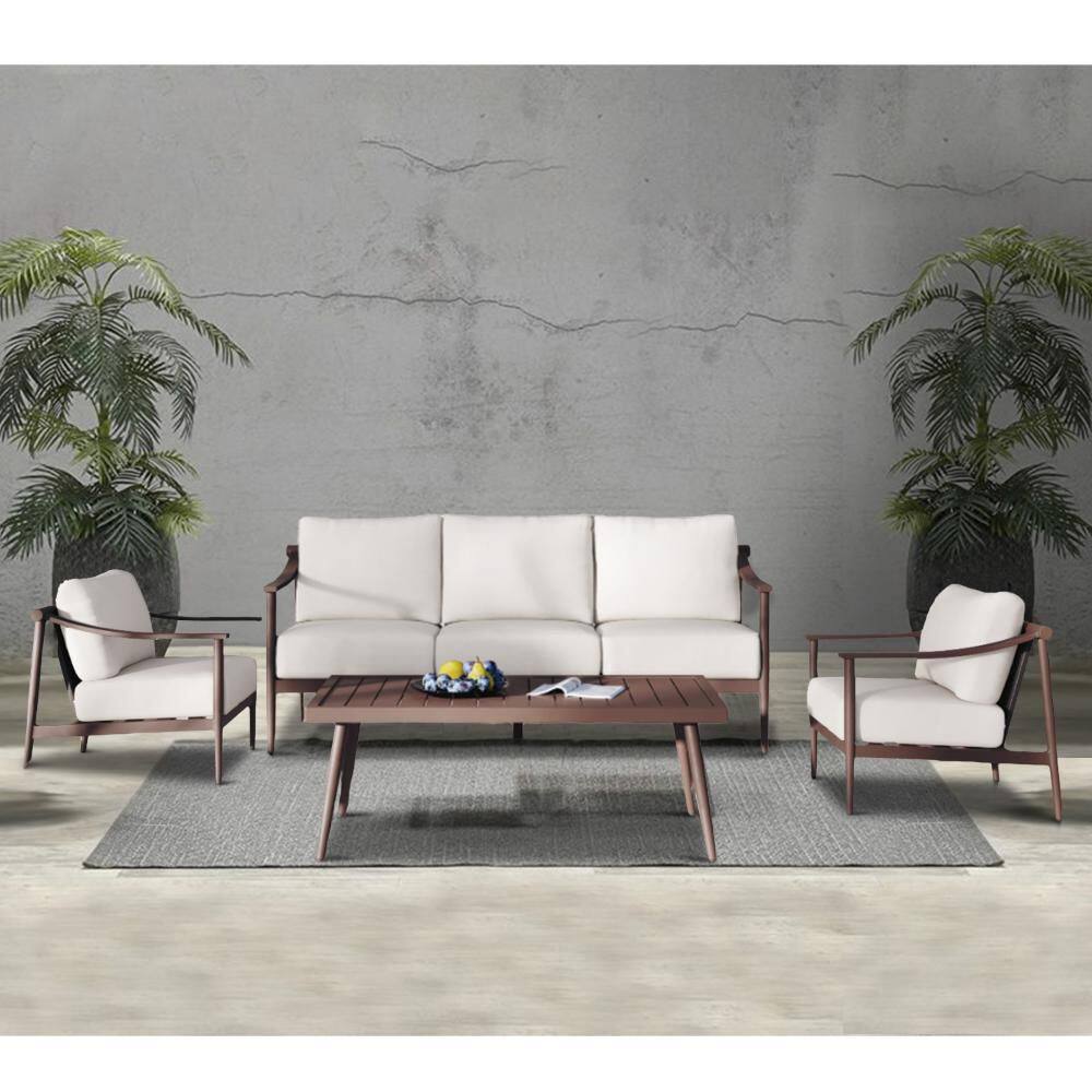 Benjara Brown 4-Piece Metal Patio Conversation Set with Beige Cushions ...