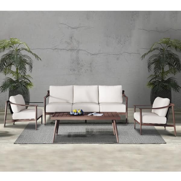 Benjara Brown 4-Piece Metal Patio Conversation Set with Beige Cushions