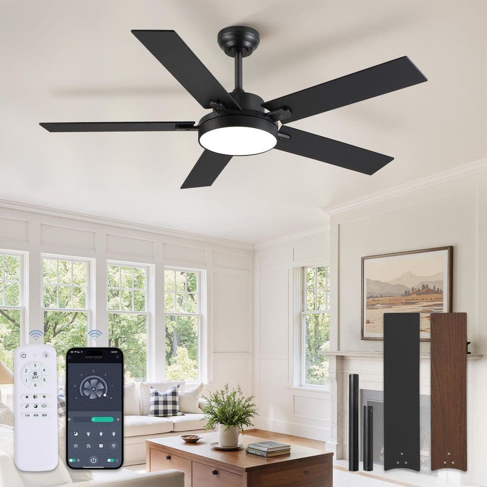 WINGBO 48" Flush Mount Ceiling Fan – No Light, 3 Solid Wood Blades, 6-Speed Reversible DC Motor, Remote Control, White & Oak
