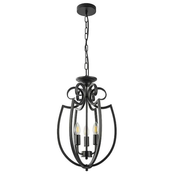 ELE Light & Decor Meera 3-Light Matte Black Modern Farmhouse Kitchen Lantern Chandelier with No Bulbs Included