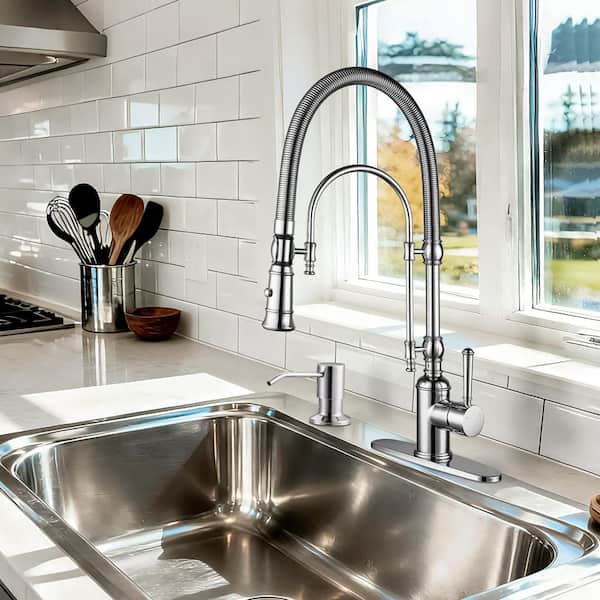 Single-Handle Deck-Mount Semi-Commercial Spring Pull-Down Sprayer Kitchen Faucet with Soap Dispenser in Polished Chrome