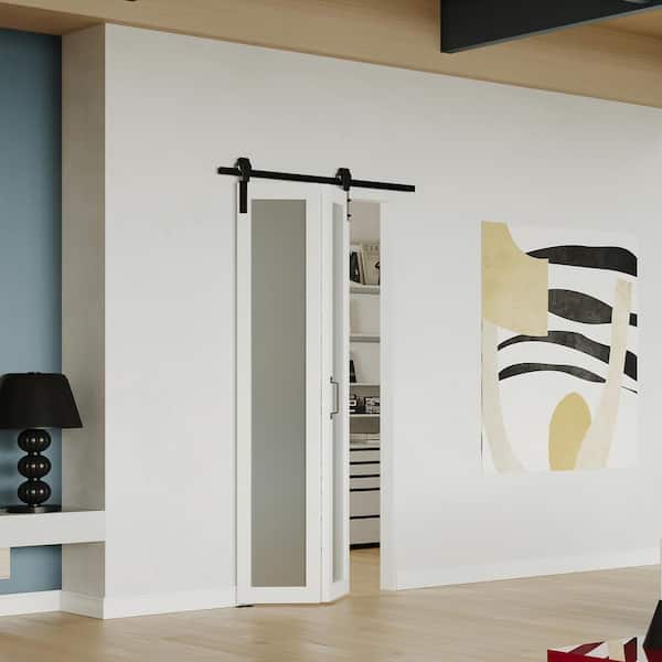 30 in. x 84 in. Bi-Fold White 1-Lite Frosted Glass MDF Solid Core Sliding Barn Door with Hardware Kits Pre-drilled