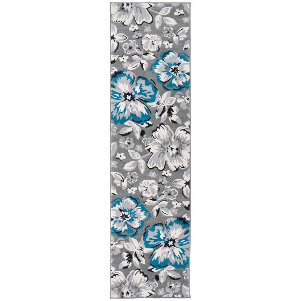 Modern Floral Design Blue and Gray Synthetic Runner Rug