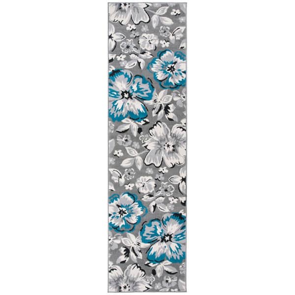 Modern Comtemporary Floral Design Blue 2 ft. x 7 ft. 2 in. Indoor Runner Rug