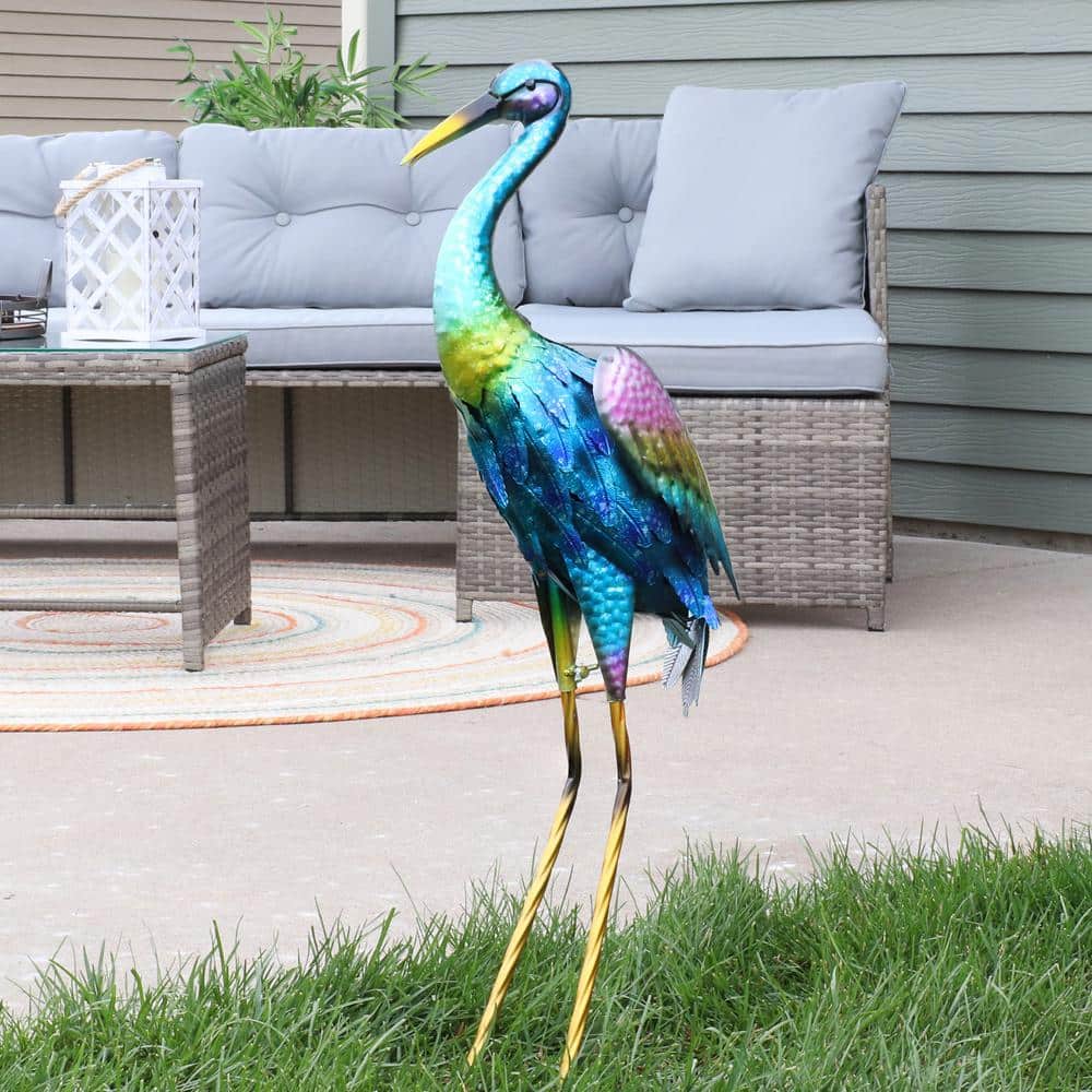 Vibrant Blue and Green Metal Crane Garden Statues Set