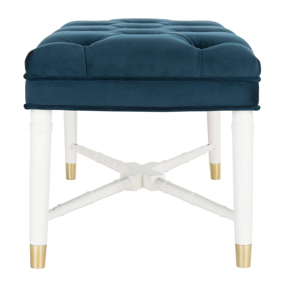 Navy Velvet Tufted Bench with White Bamboo Detail and Brass Capped Feet