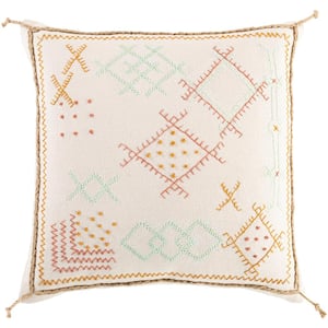 Fidelia Cream Hand Embroidered Polyester Fill 18 in. x 18 in. Decorative Pillow