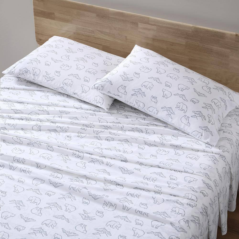 Twin Gray Cotton Percale Sheet Set with Bear Print