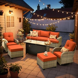 Daisy 9-Piece Wicker Rectangular Fire Pit Sets and Swivel Rocking Chairs with Orange Red Cushion