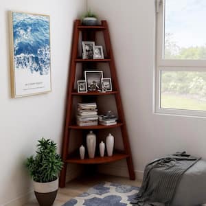 Blaisia 63.25 in. Cherry Wood 5-Shelf Accent Corner Bookcase