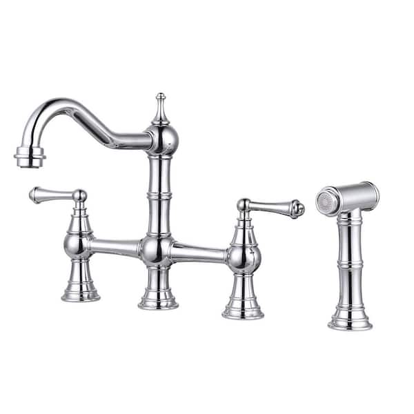 Vintage Double Handle Bridge Kitchen Faucet with Side Sprayer in Polished Chrome