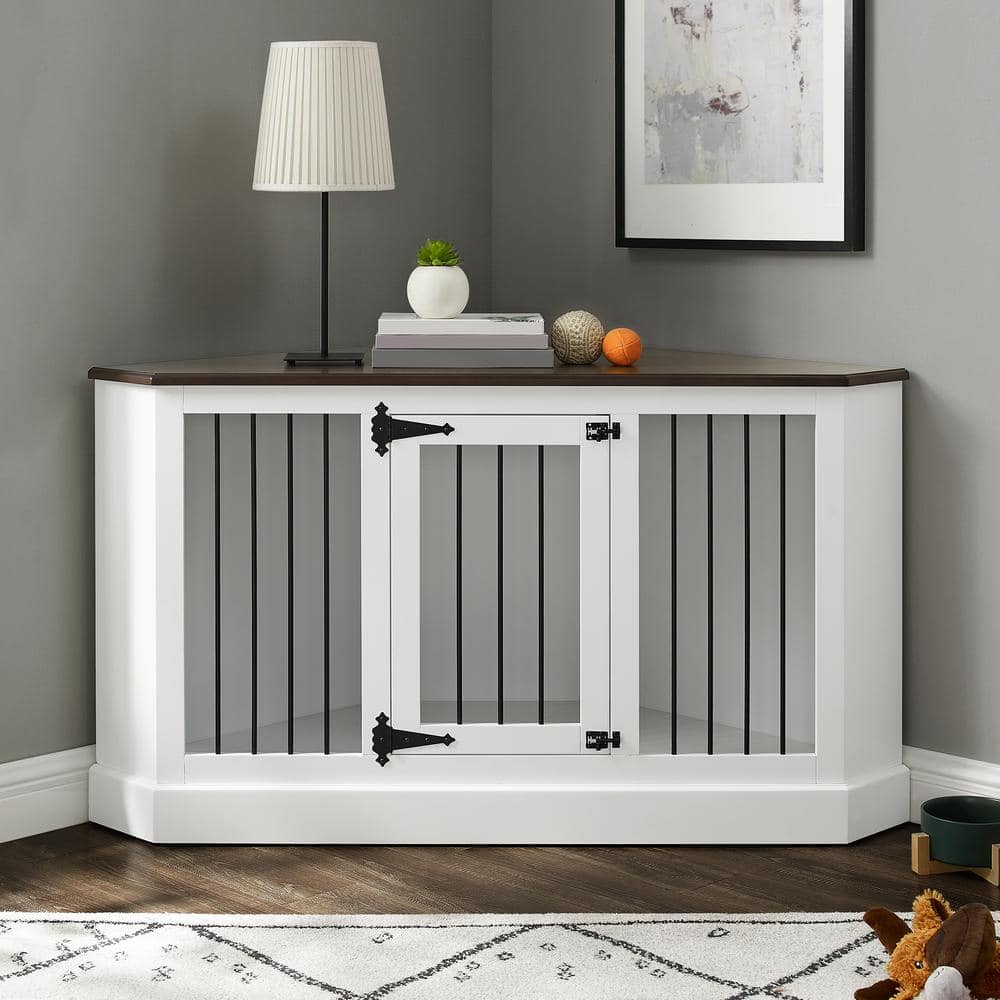 Small White Wood and Steel Corner Dog Crate Credenza
