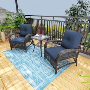 3-Piece Patio Wicker Conversation Set with Blue Cushions and Side Table