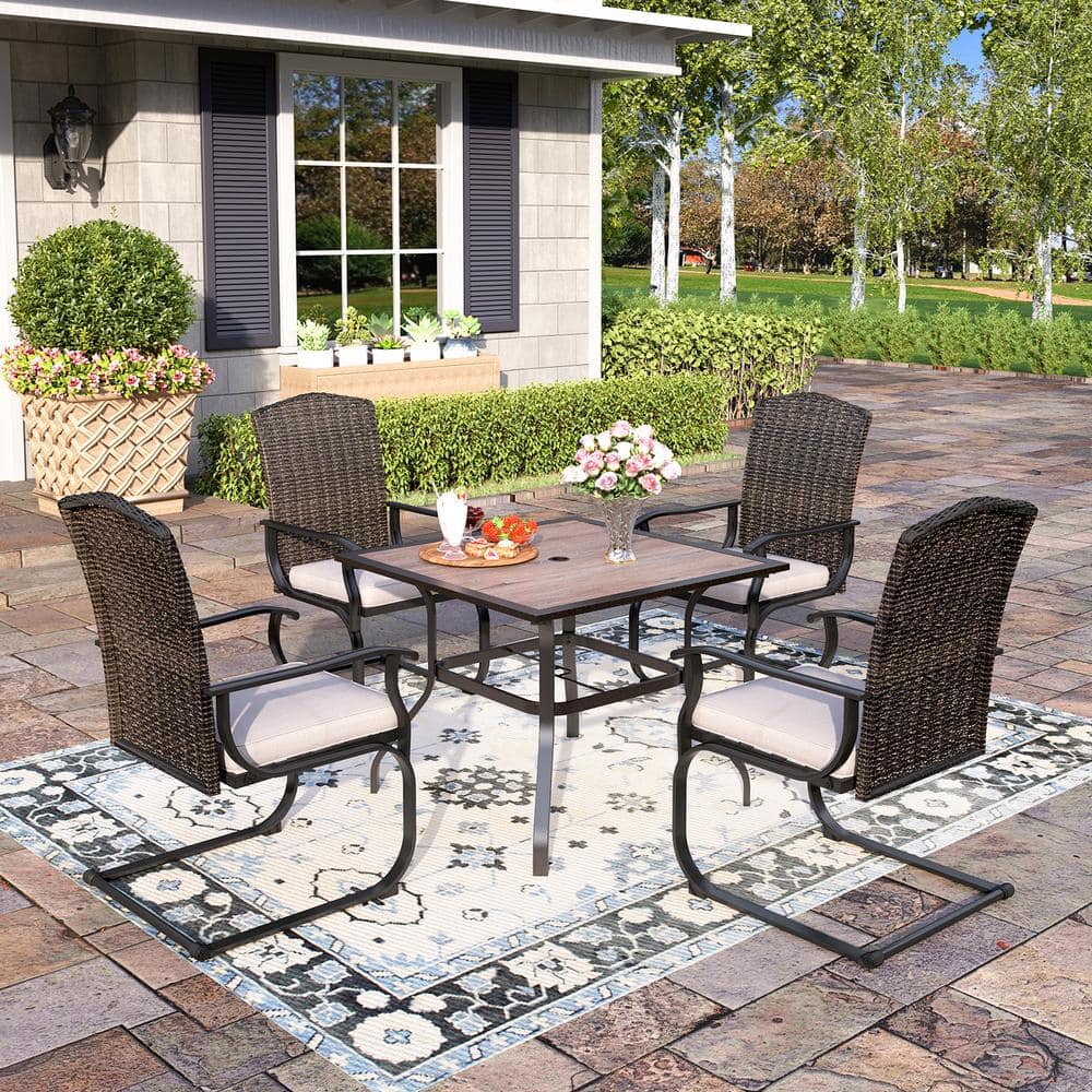 Black 5-Piece Metal Patio Outdoor Dining Set with Wood-Look Square Table and Rattan Chairs with Beige Cushion -  PHI VILLA, THD5-0605-043