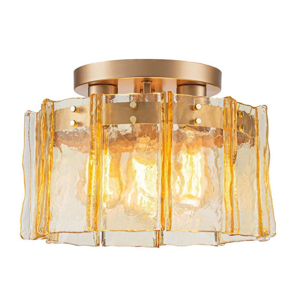 12.6 in. 3-Light Drum Brushed Gold Semi-Flush Mount with Amber Glass for Dinning Room Kitchen Foyer price history on PriceWatchPro