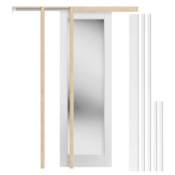 32 in. x 80 in. Full Lite Mirrored Glass White Primed Wood Door Slab with Pocket Door Frame Kit and Jamb, Glass Door