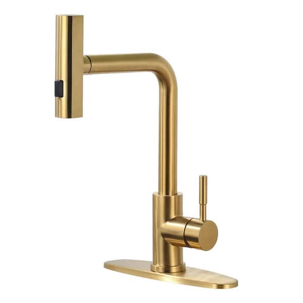 Single Handle Stainless Steel 3 Functions Waterfall Pull Down Sprayer Kitchen Faucet in Brushed Gold