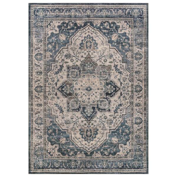 Vintage Medallion Coastal Blue Machine Washable Non-Slip Backing 9 ft. x 12 ft. Blue Area Rug