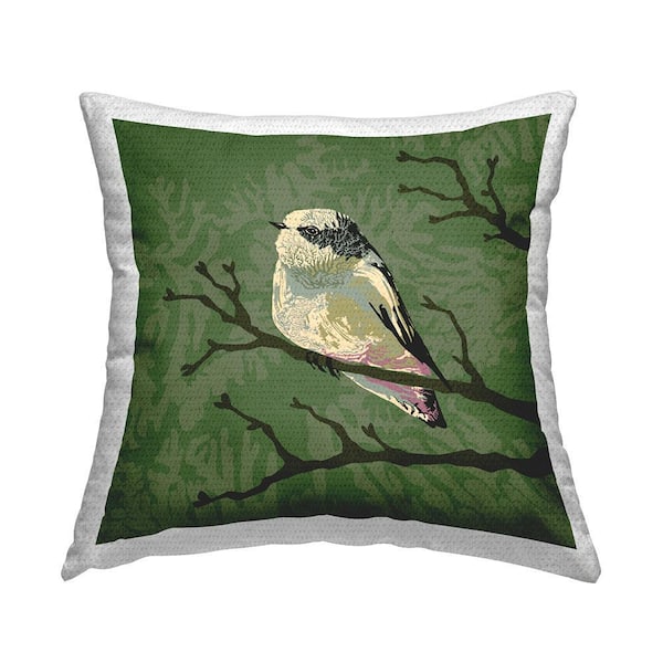 Peaceful Perched Bird Botanical Branches Green Square Outdoor Throw Pillow