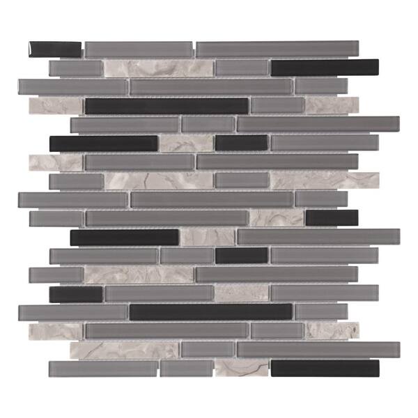 sunwings Gray And Black Interlocking 12x12in. Mosaic Glossy Glass And ...