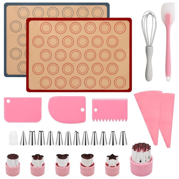 28-Piece Macaron Silicone Baking Mat Kit with 2 Non-Stick Mats, 12 Piping Tips, Pastry Bags, and Scraper