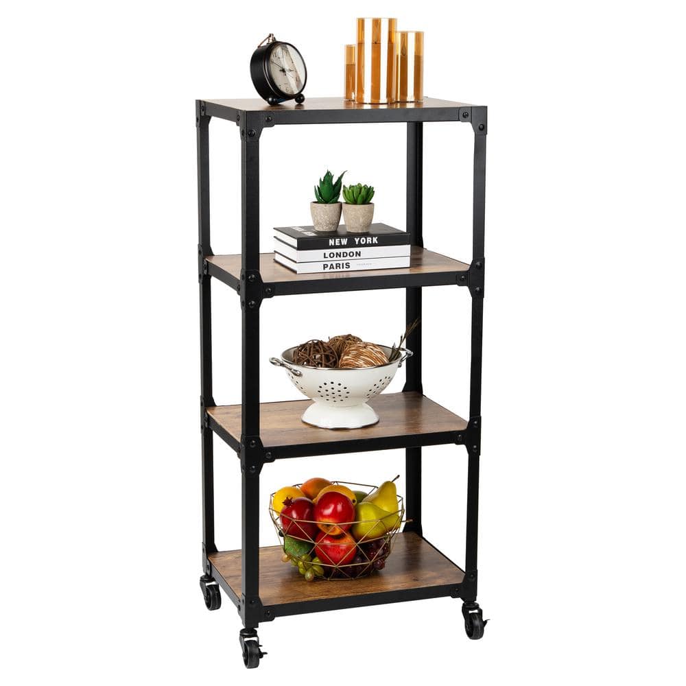 Mind Reader 4-Tier Metal/Wood, 4-Wheeled Rolling Utility Cart Bar Cart in Black