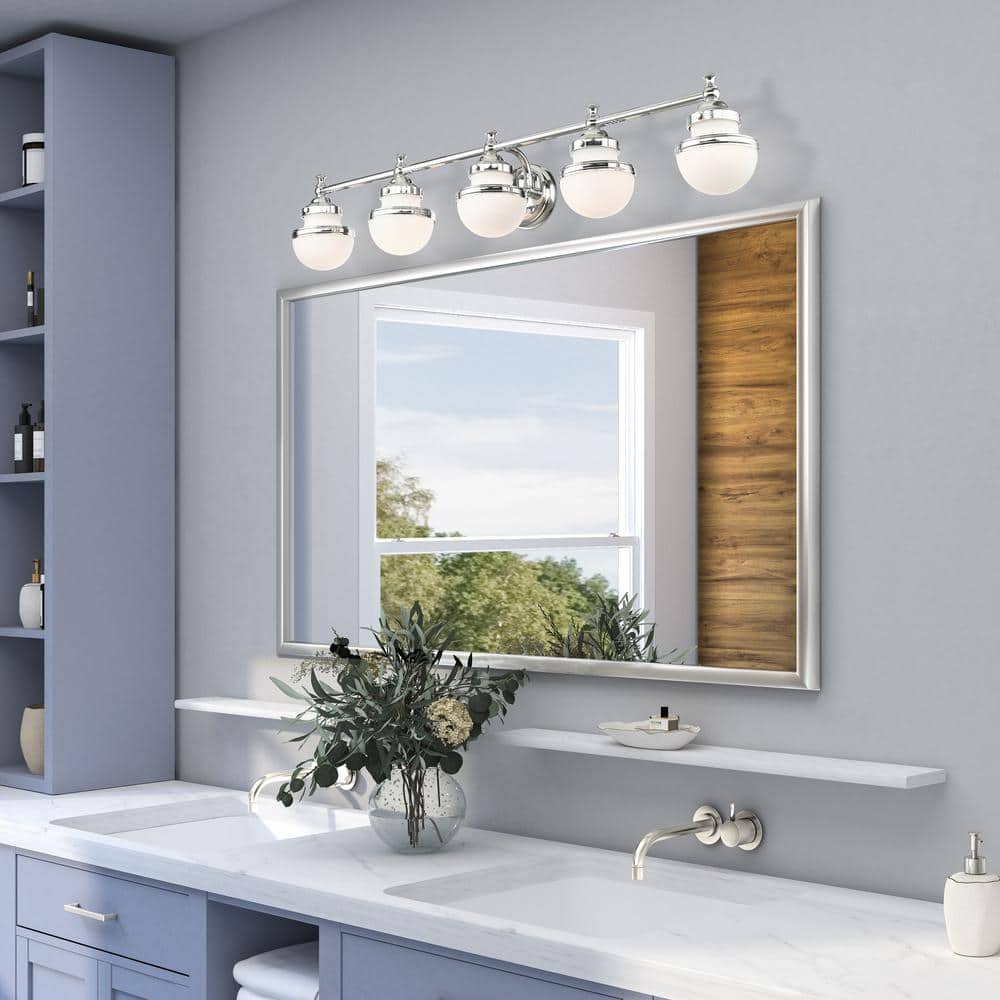 Oldwick Sleek 5-Light Polished Chrome Vanity with Satin Opal Glass