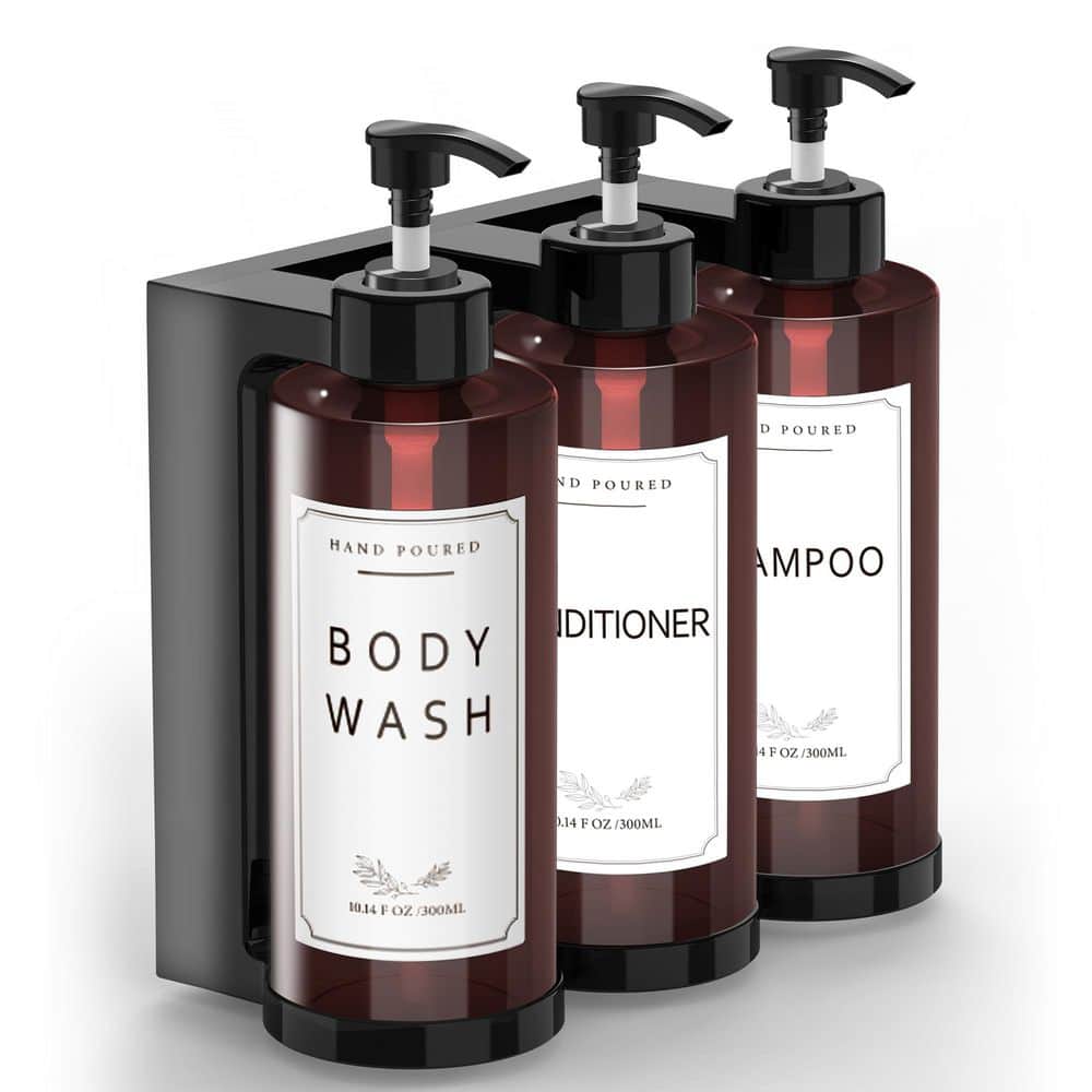 Wall Mounted Plastic Soap Dispenser, No-Drill Modern Refillable Shampoo Pump Bottles for Shower Soap