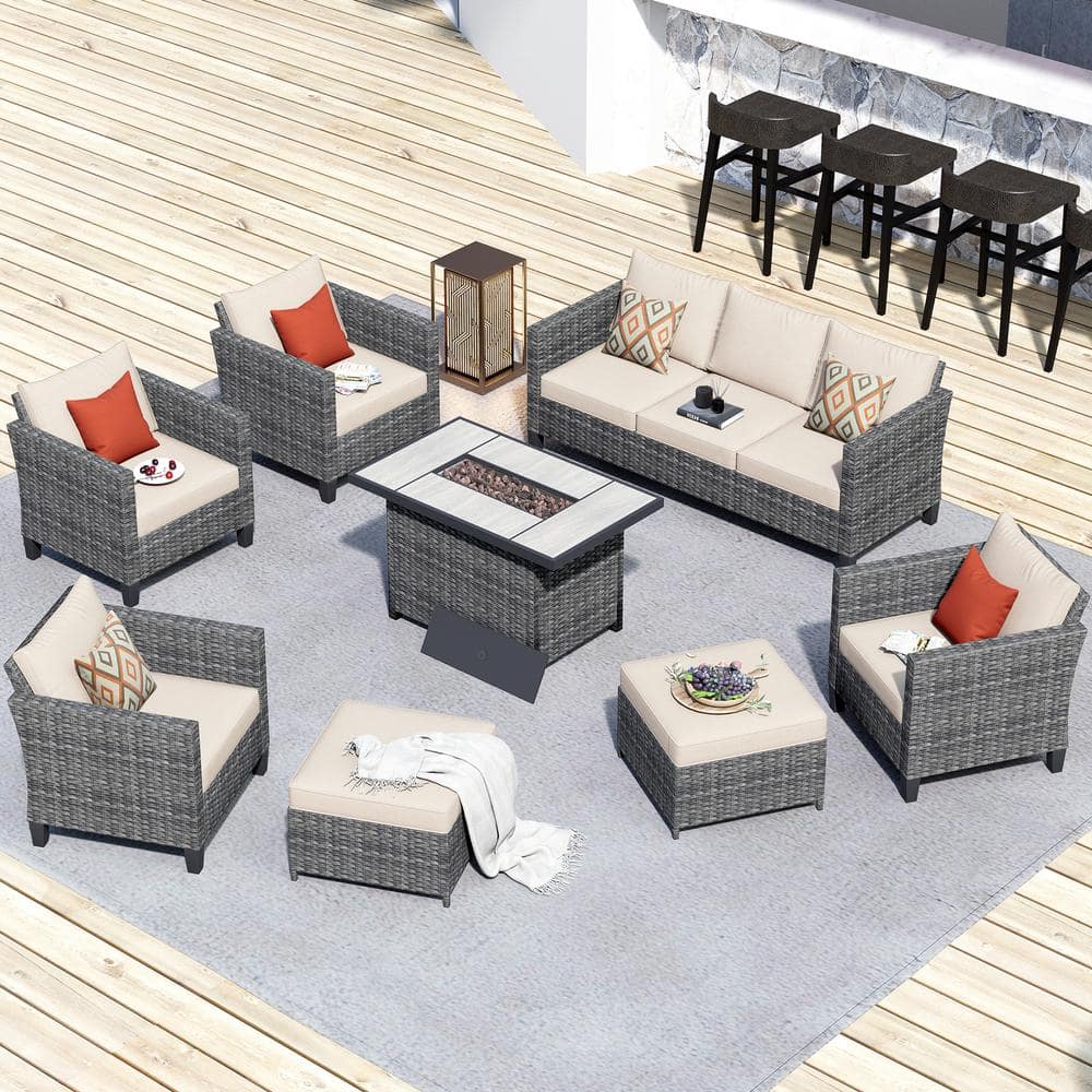OVIOS New Star Gray 8-Piece Patio Rectangle Fire Pit Seating with Beige Cushions CFPGRS607 - The Home Depot