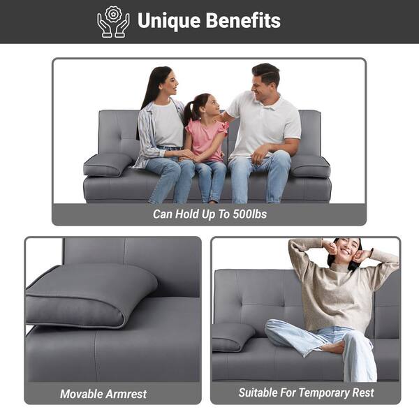 MAYKOOSH Gray Futon Sofa Mattress Faux Leather Couch with Armrest and 2 Cupholders Sofa Bed Couch Convertible with Metal Legs 29472MK The Home Depot