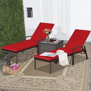2-Pieces Wicker Outdoor Chaise Lounge Chair Back Adjustable Recliner Chaise with Red Cushion